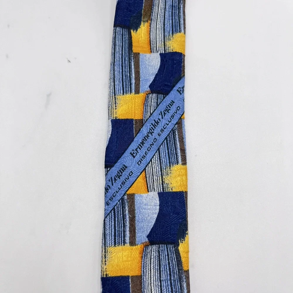 Ermenegildo Zegna Men's Tie Blue Gold Abstract Geometric Luxe Silk Made In Italy